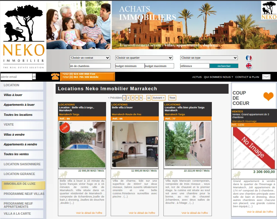Le site Neko Immobilier Marrakech (maroc-vente-location.com) — annonces de villas à Targa, Guéliz et l'Hivernage